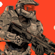 A crop of an illustration featuring the Master Chief of Halo on an orange background with a small orb in the sky.
